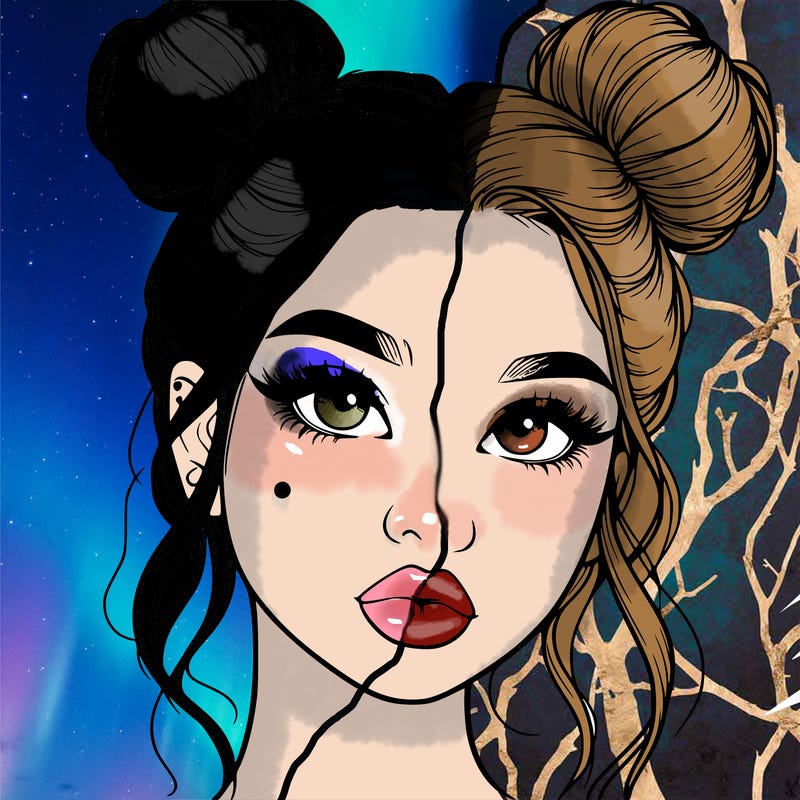 realistic girl with two buns on her hair and lips