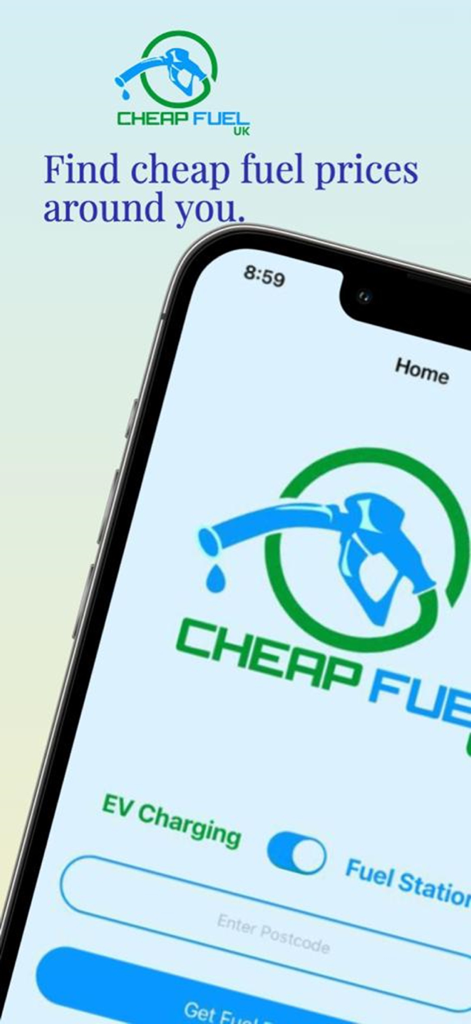 Cheap Fuel UK - Home screen of the Cheap Fuel UK mobile app showing a postcode search bar and fuel station toggle