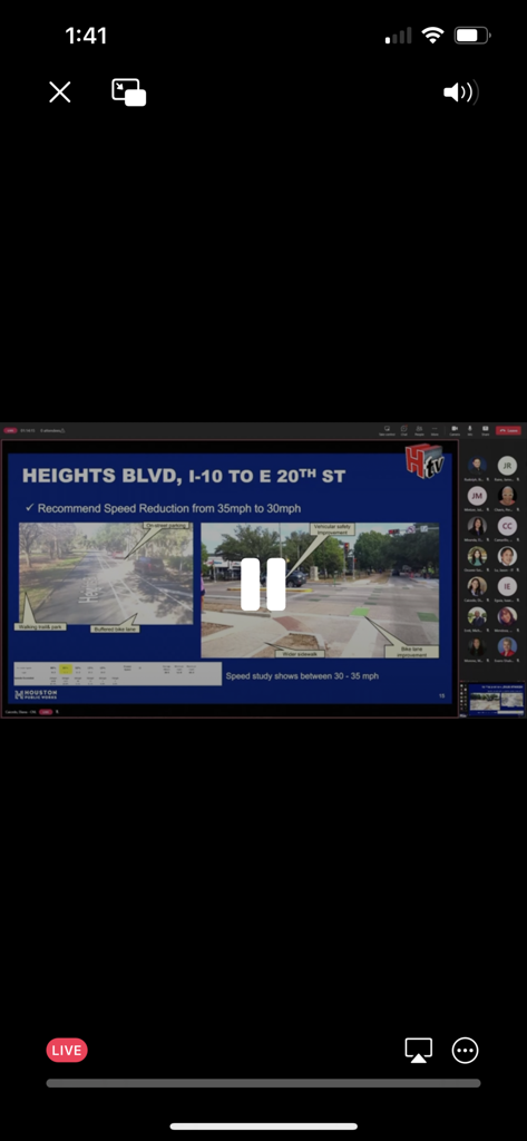 Live broadcast of a Houston Public Works meeting regarding Heights Boulevard speed reduction on the HTV app
