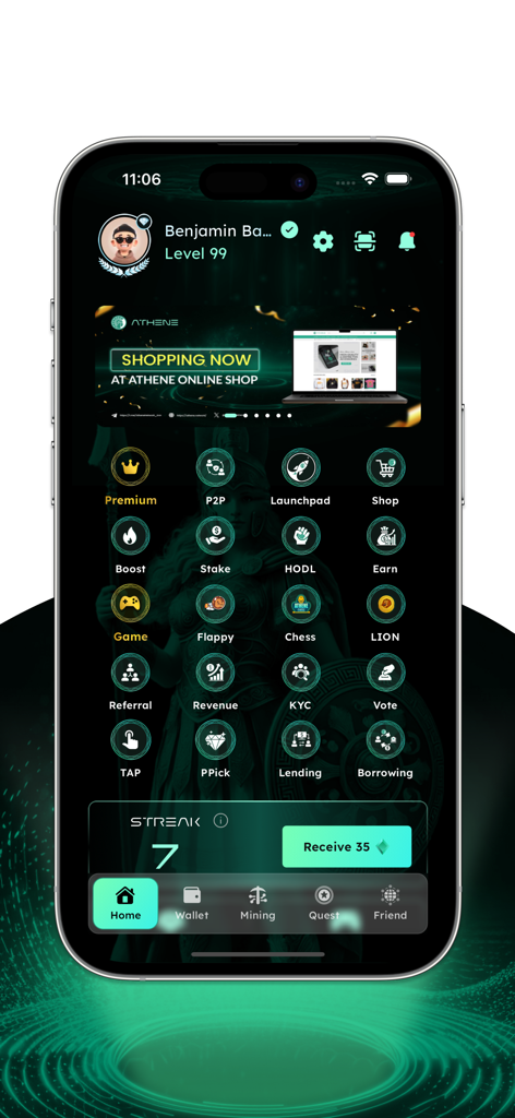 Athene Network - Painel principal do aplicativo móvel Athene Network com ícones de mineração de cripto e serviços financeiros