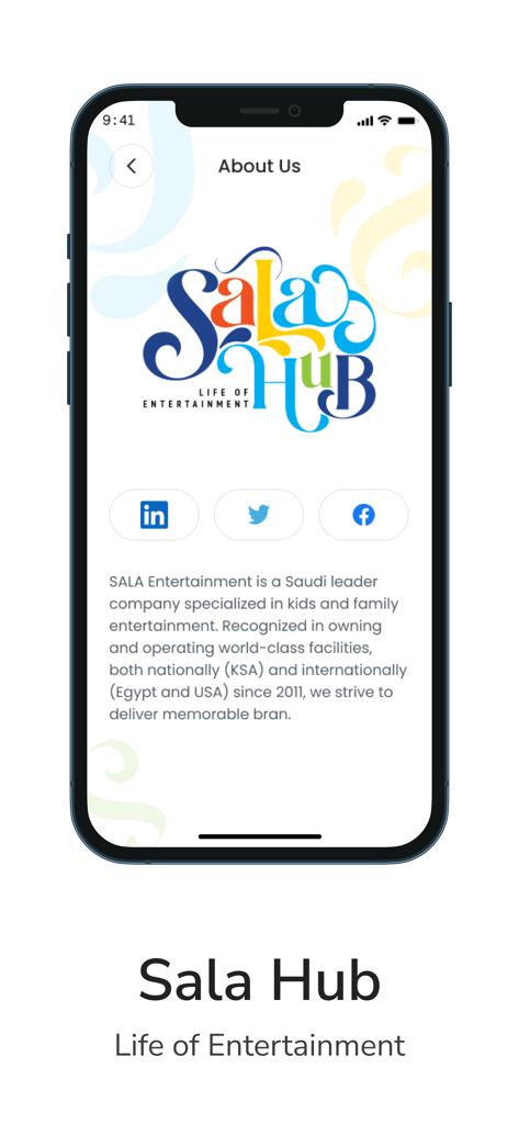 Sala Hub - Sala Hub Mobile App "Über uns"-Bildschirm mit dem Firmenlogo und Hintergrundinformationen