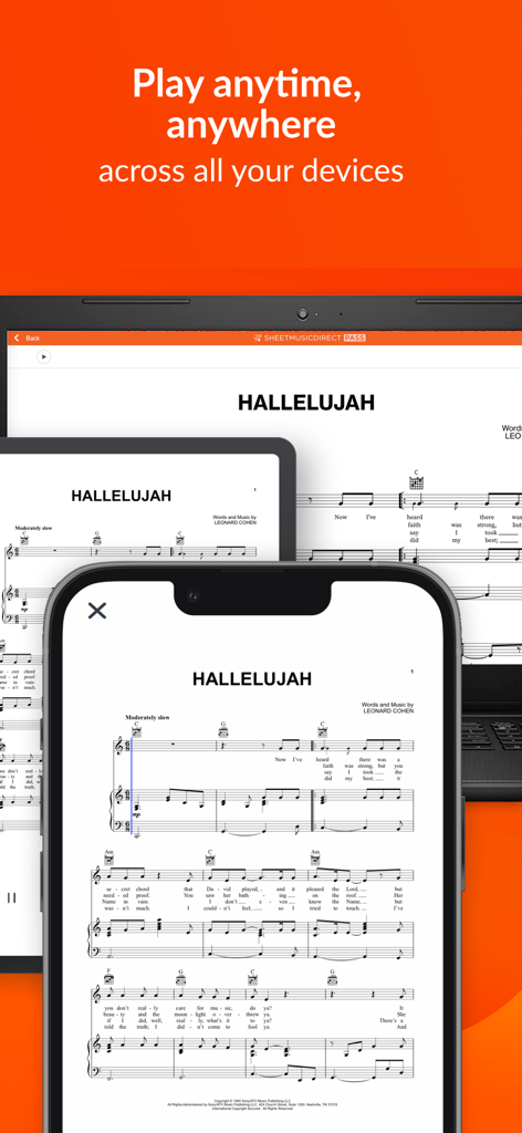 Sheet Music Direct - Sheet Music Direct app displaying digital sheet music across smartphone tablet and laptop screens