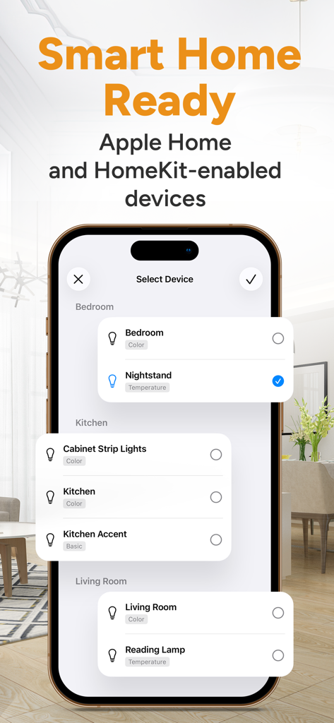 Interface for selecting Apple HomeKit smart lights across different rooms for a sunrise wake up.