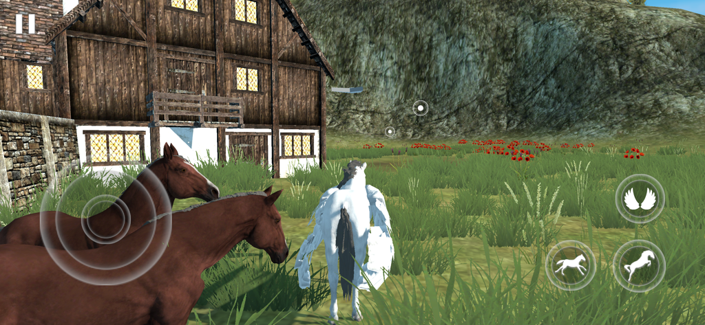 Flying Unicorn Simulator 2024 - A white winged horse and two brown horses in a grassy field near a barn.