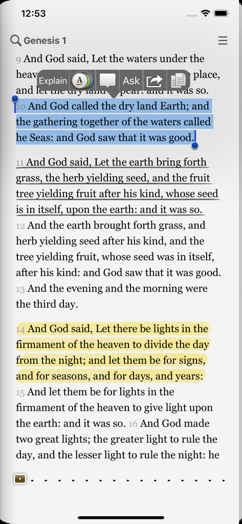 The eBible mobile app displaying highlighted scripture from Genesis with digital study tools