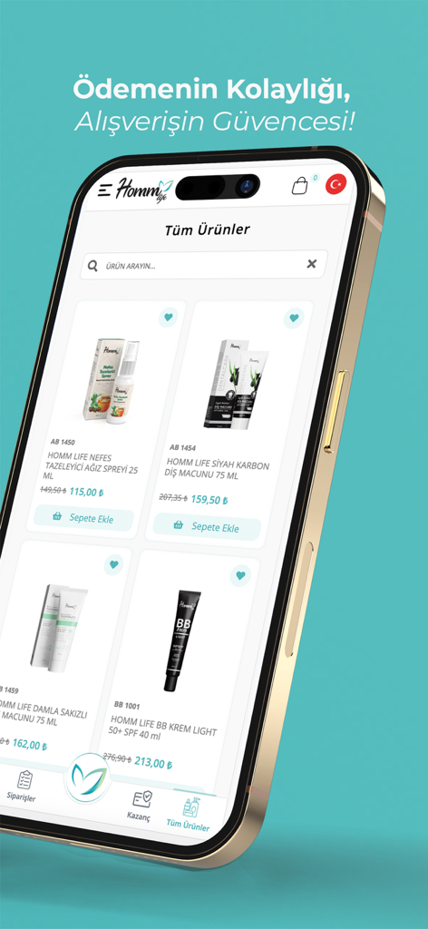Homm Life app screen showing a variety of herbal and beauty products for sale