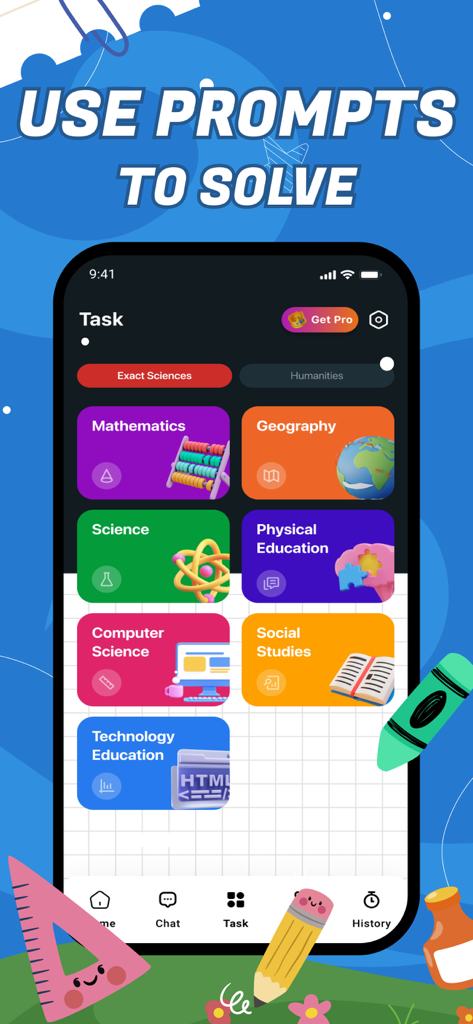 A mobile app screen showing school subjects like math and science for AI homework help.