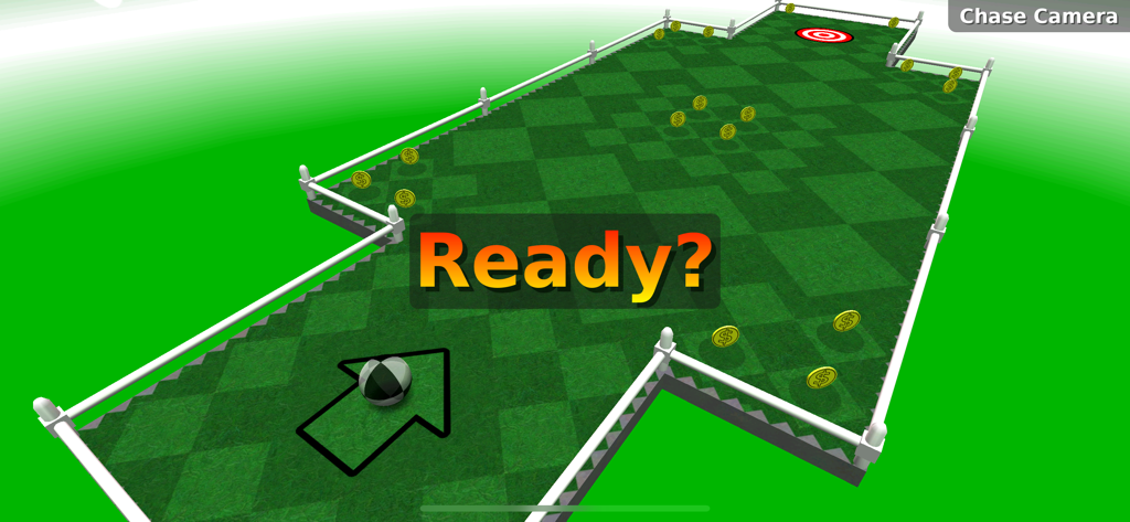 Neverball - A 3D marble game level on a green checkered platform with gold coins and a ready text