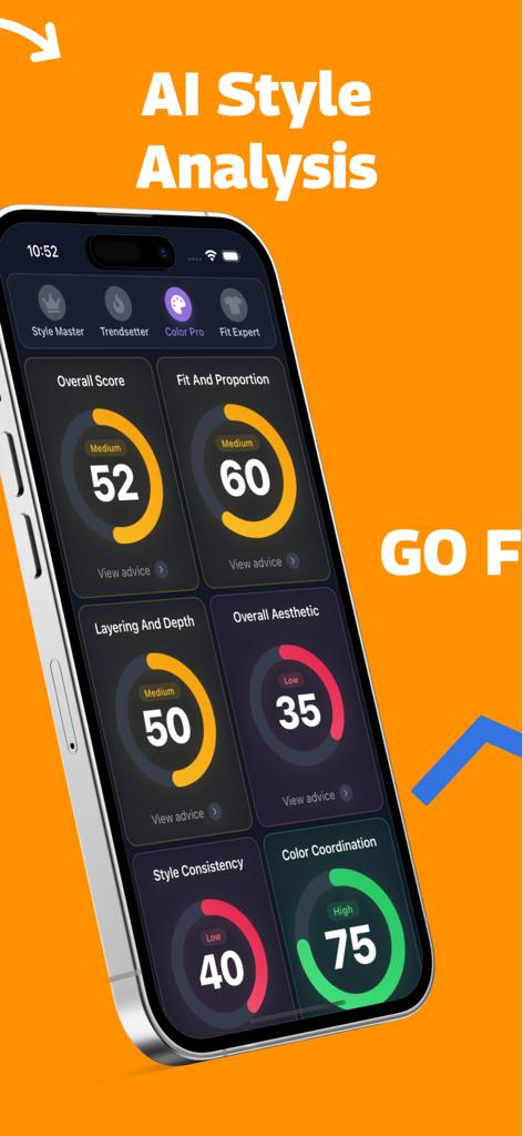 Outfit Planner: AI Outfit - KI-Stilanalyse-Dashboard mit Scores für Passform, Schichtung, Ästhetik und Farbabstimmung