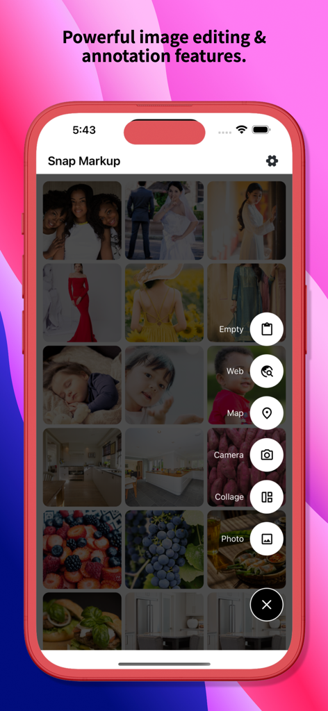 Snap Markup app home screen showing a photo gallery and a selection menu for web map camera and collage tools