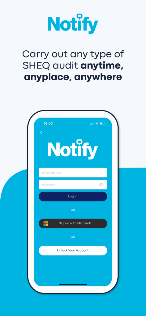Notify Audits and Inspections - Login screen of the Notify Audits and Inspections mobile app showing sign-in options and SHEQ audit tagline.