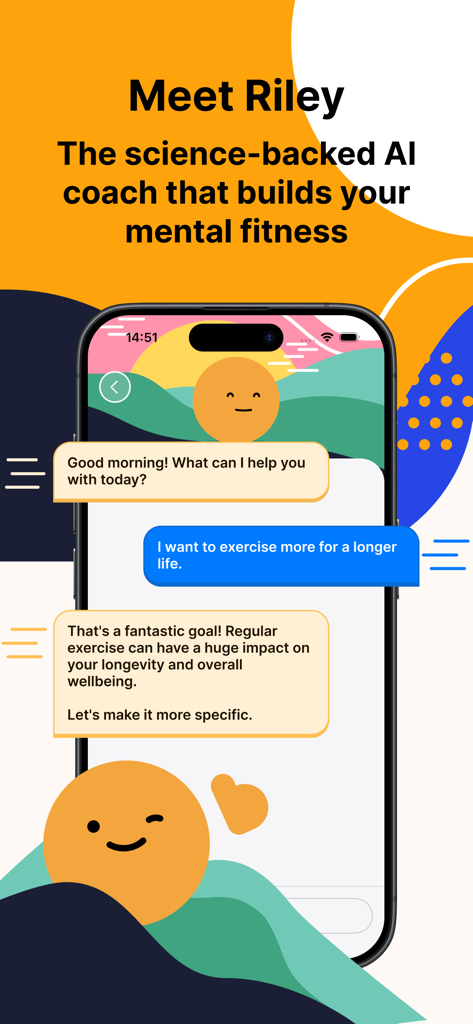 Remente: Self Care & Wellbeing - Remente AI coach Riley helping a user set specific wellness goals through a chat interface