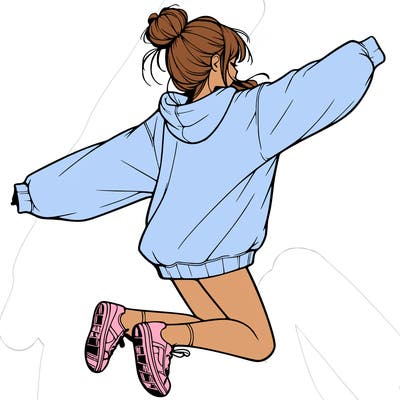 realistic girl jumping with a bun and oversized sweatshirt