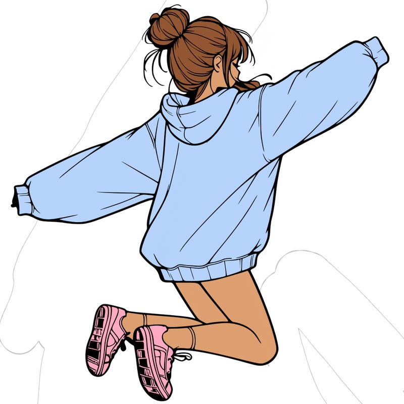realistic girl jumping with a bun and oversized sweatshirt