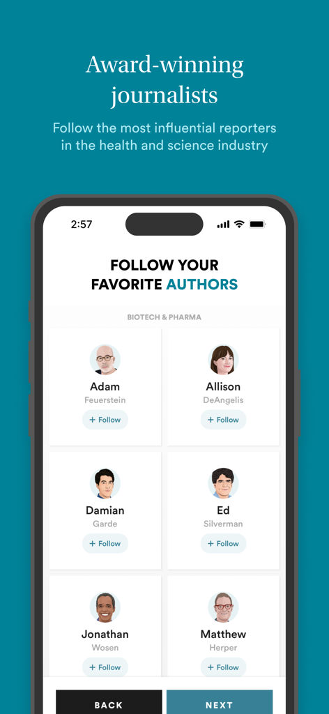 A mobile interface from the STAT News app showing a list of influential health and science reporters that users can follow