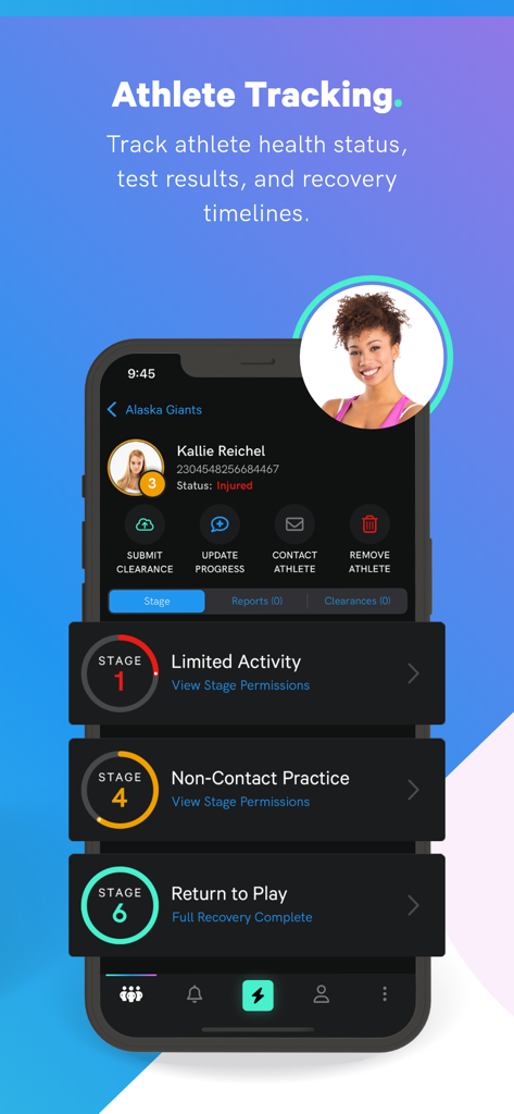 Concussion Tracker - Concussion Tracker app interface showing athlete profile and various recovery stages from limited activity to return to play