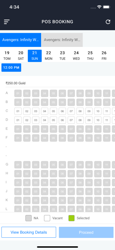 Real-time cinema seat layout and occupancy dashboard in the BookMyShow Partner app for theater managers.
