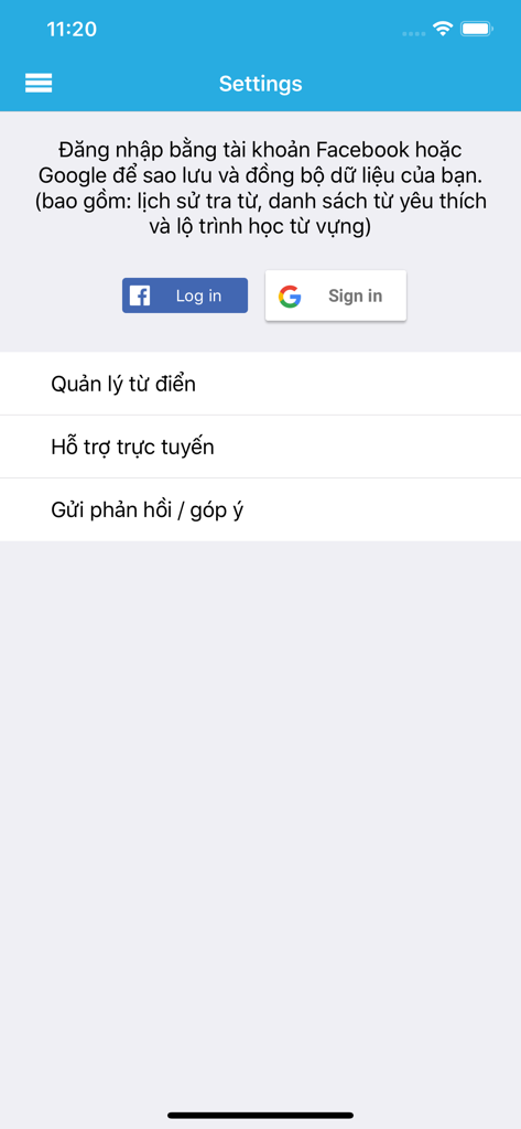 Settings screen of the English Dictionary ProDict app showing Facebook and Google login options for data synchronization and dictionary management.