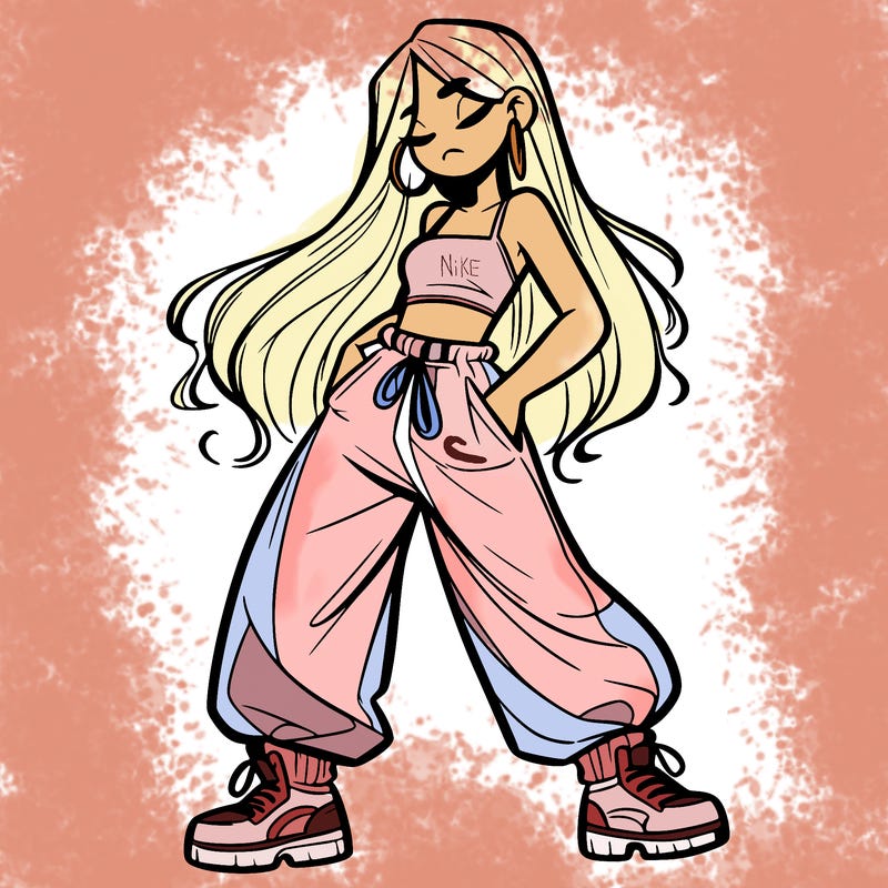 girl in baggy pants crop top and long hair