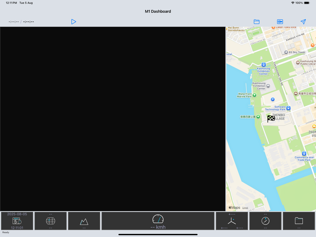 M1 Dashboard - M1 Dashboard app interface on iPad showing split-screen video player and GPS map with telemetry data