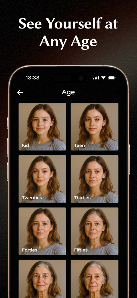 Glowify app interface showing AI age progression from kid to fifties on a womans face