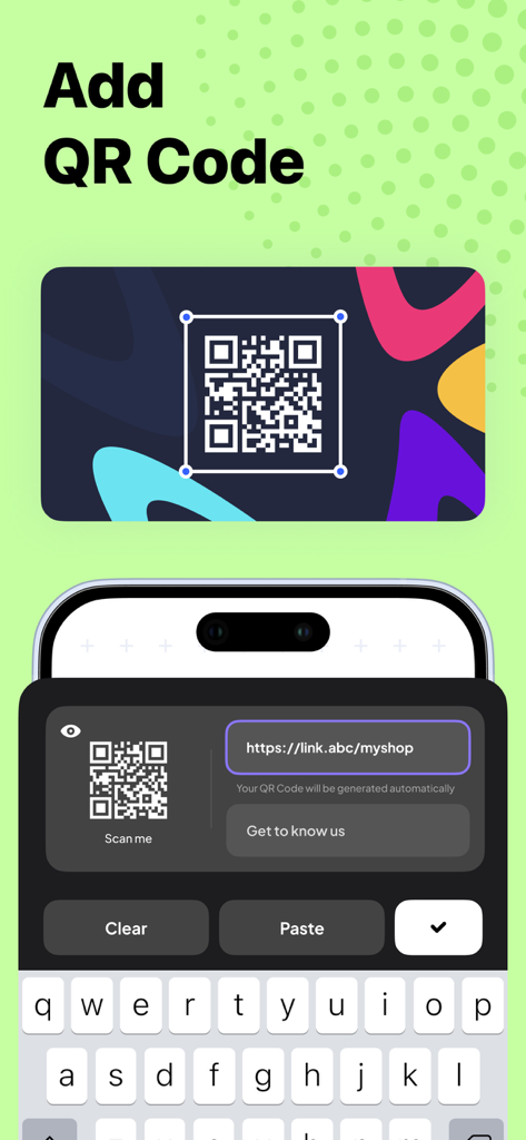 Business Card Maker· - Mobile app interface showing how to add a QR code to a custom business card design
