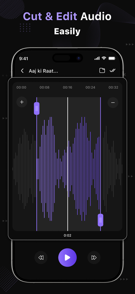 Video to MP3 Converter ™ - Interfaccia di un'app mobile che mostra una forma d'onda per tagliare e modificare tracce audio.