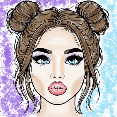 realistic girl with two buns on her hair and lips