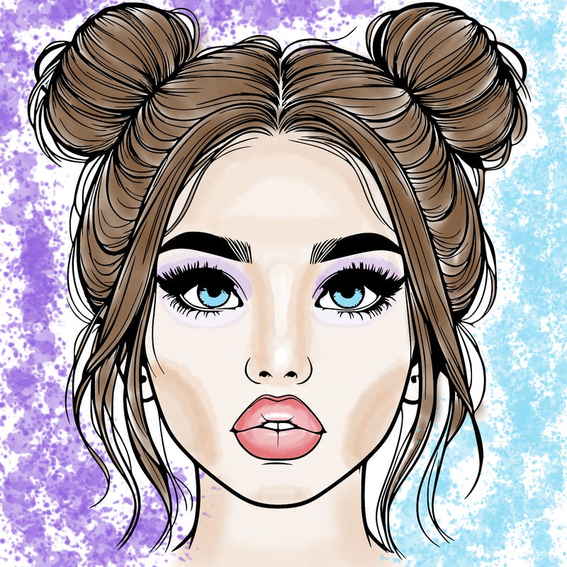 realistic girl with two buns on her hair and lips