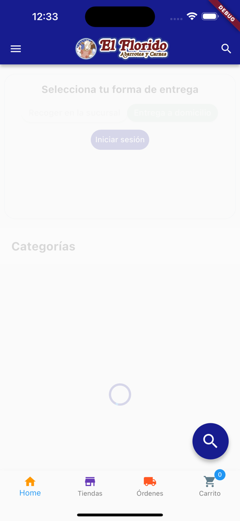 El Florido - Pantalla de inicio de la app de comestibles El Florido mostrando opciones de entrega y recogida en tienda
