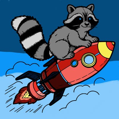 realistic raccoon flying on top rocket ship