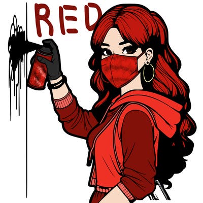 realistic girl with mask spray painting a wall