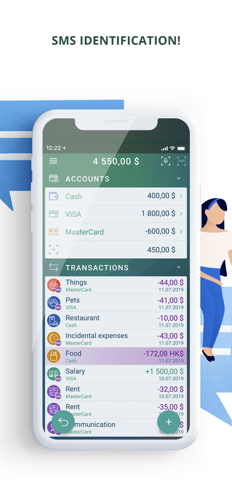 Paymaster app interface showing accounts and recent transactions identified via SMS