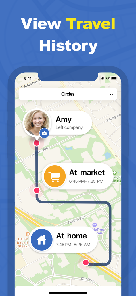 Un écran d'application mobile affichant l'historique des déplacements d'une personne sur une carte avec des marqueurs de lieu spécifiques comme le travail, le marché et la maison avec des horodatages.