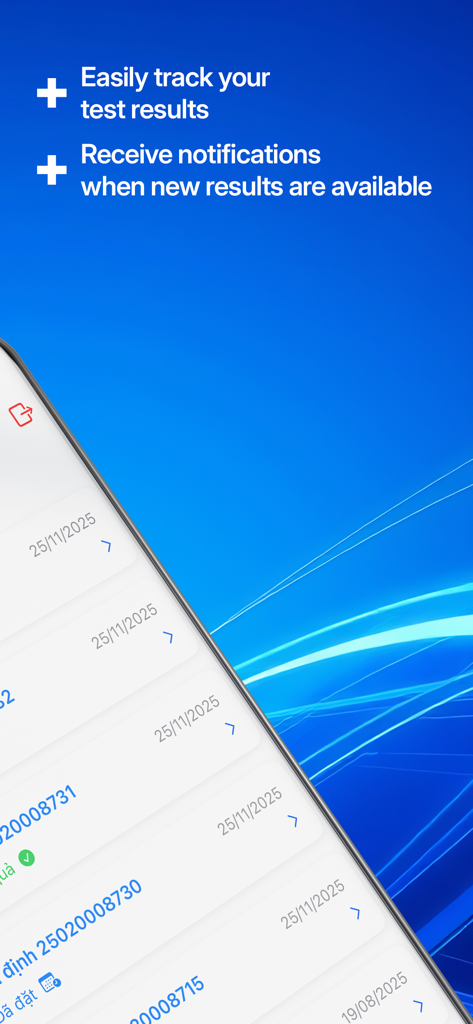 DIAG mobile app screen showing a list of medical test results and notification features