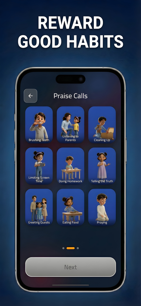 Kids Police: Fake Call Prank - Smartphone screen showing the Kids Police app Praise Calls menu with various positive behavior icons like brushing teeth and doing homework