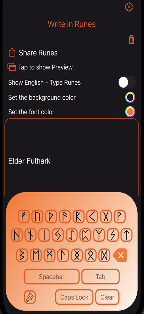 Interfaz de la aplicación Traductor de Runas con un teclado personalizado de Futhark Mayor y configuración de personalización de color