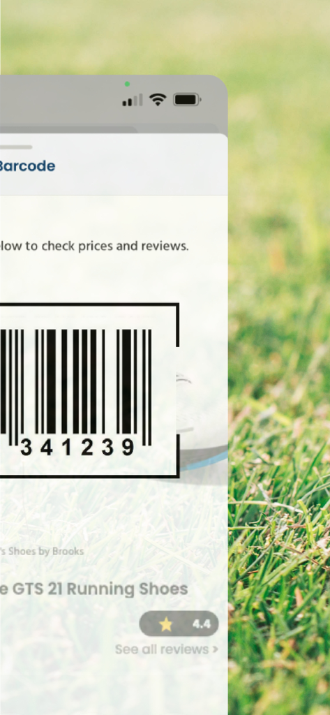 Academy Sports app barcode scanner feature showing product details and customer reviews for running shoes
