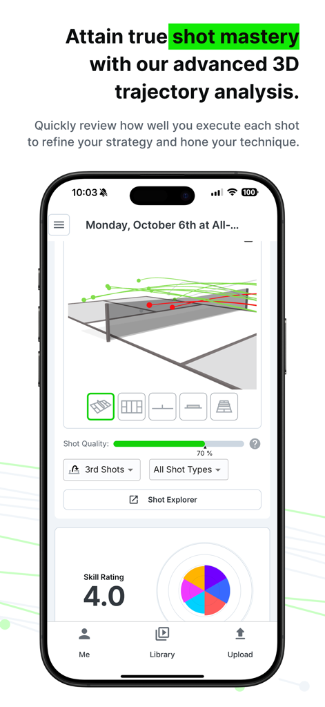 Interfaccia dell'app PB Vision che mostra l'analisi della traiettoria 3D dei colpi di pickleball e un punteggio di valutazione skill di 4.0.