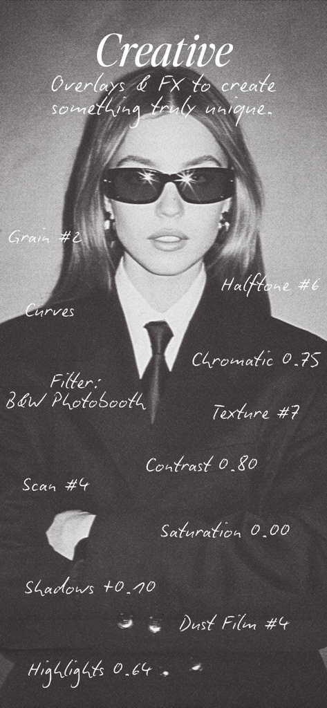 Black and white portrait showcasing vintage film filters and creative editing effects in the Colortone app.