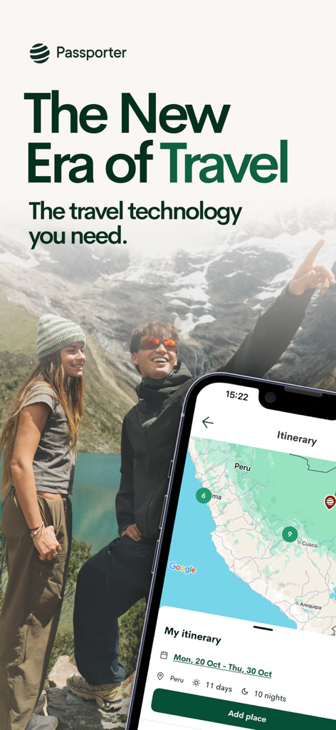 Aplicativo Passporter exibindo um mapa de roteiro de viagem do Peru ao lado de um casal em um lago na montanha