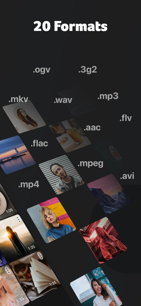A display of 20 different video and audio file formats supported by the conversion app