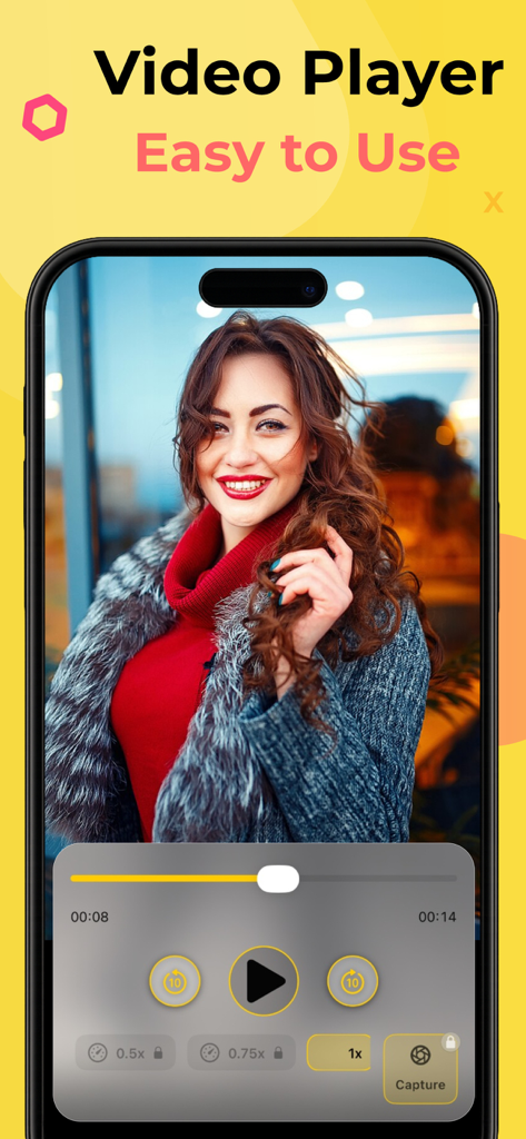 Oberfläche der SnapTube Video Player App auf einem iPhone, die ein Video mit Wiedergabesteuerungen und Geschwindigkeitseinstellungen zeigt