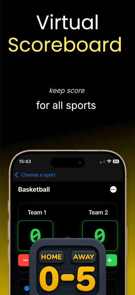 Schermata dello smartphone che mostra l'interfaccia dell'app scoreboard virtuale per il tracciamento dei punteggi sportivi