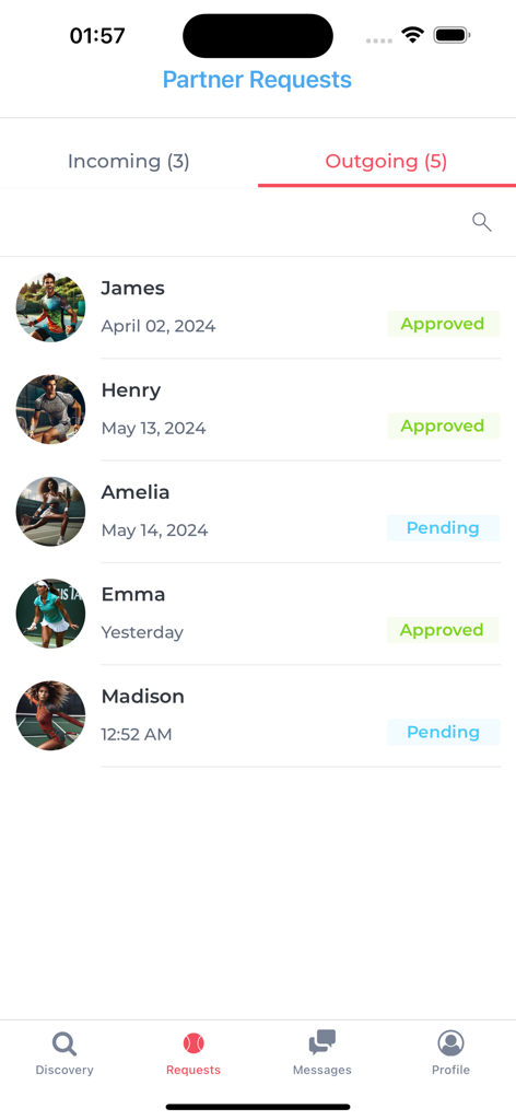 Tennis Partner - Tennis Partner mobile app interface showing a list of outgoing match requests with status labels like approved and pending.
