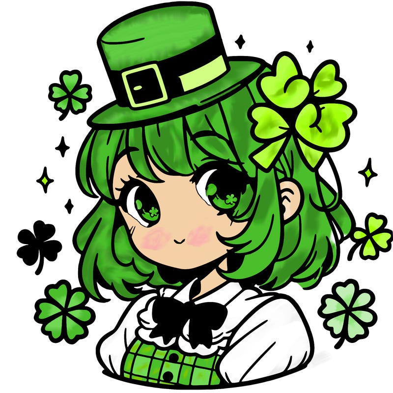 a manga-style girl with clovers around her, a little hat in her hair, like it's saint patrick's day