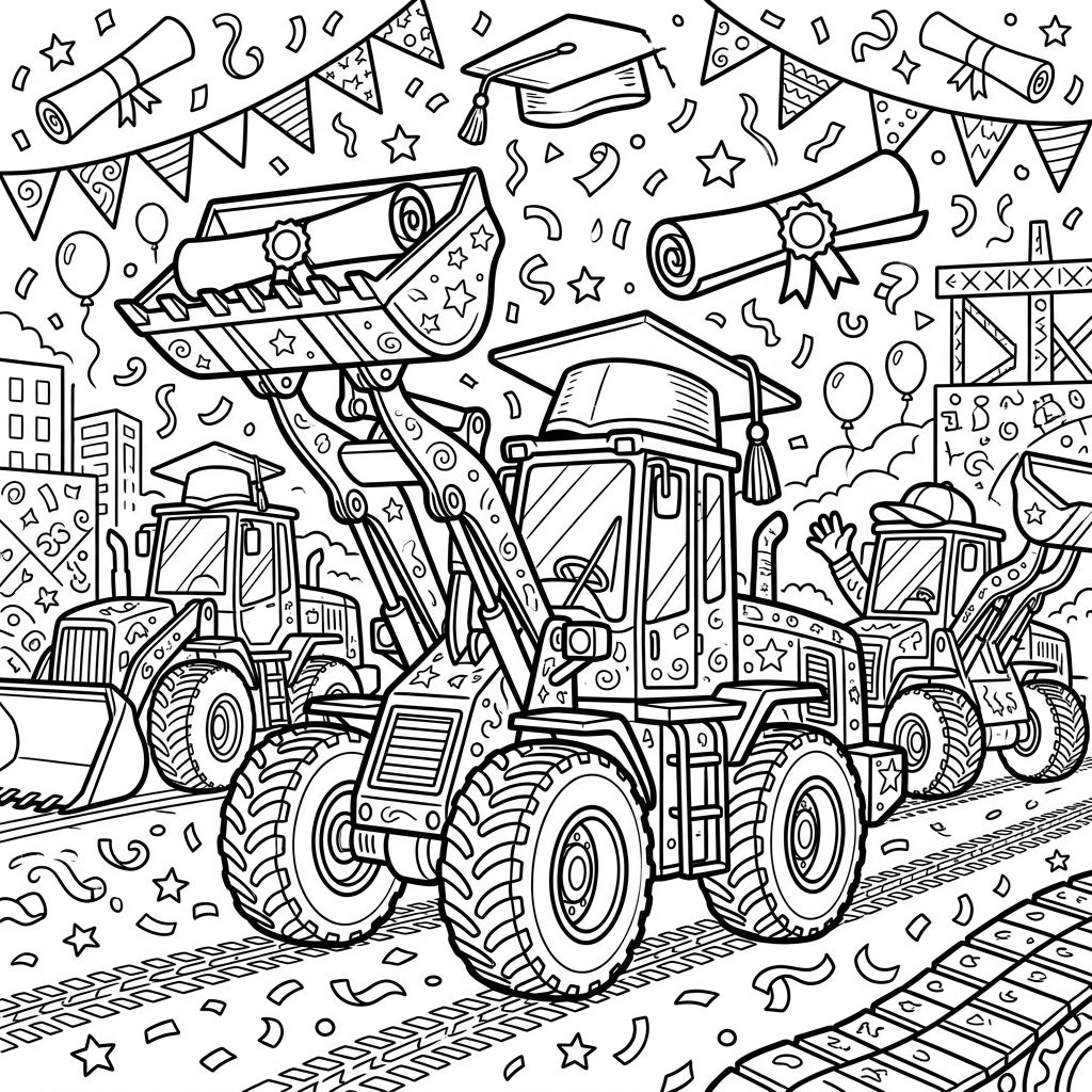 Graduation Wheel Loader Coloring Page - Fun & Festive