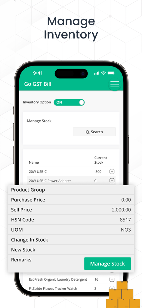 Go GST Bill - Inventory management screen on the Go GST Bill mobile app showing stock levels and product details