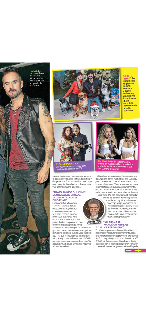 TVyNovelas México - Página doble digital de la revista TVyNovelas Mexico con un artículo sobre el actor mexicano José Ron y su pareja Luciana Sismondi con fotos de sus perros