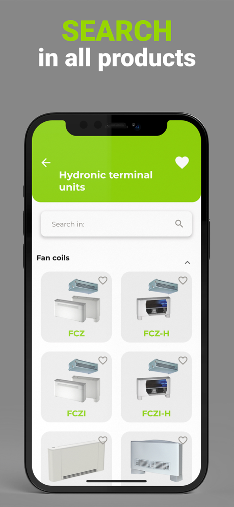 Aermec app interface showing a search screen for hydronic terminal units and various fan coil models like FCZ and FCZI.